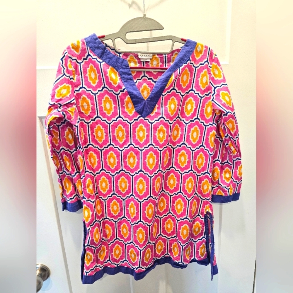 All For Color Tunic Top Small Pink Yellow Geometric Cotton V-Neck 3/4 Sleeve